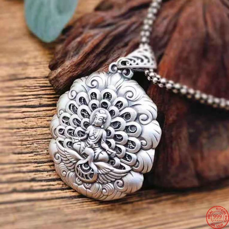 

S999 Sterling Silver Pendants for Women New Fashion Hollow Argentum Silk Flowers Peacock Buddha Amulet Jewelry Free Shipping