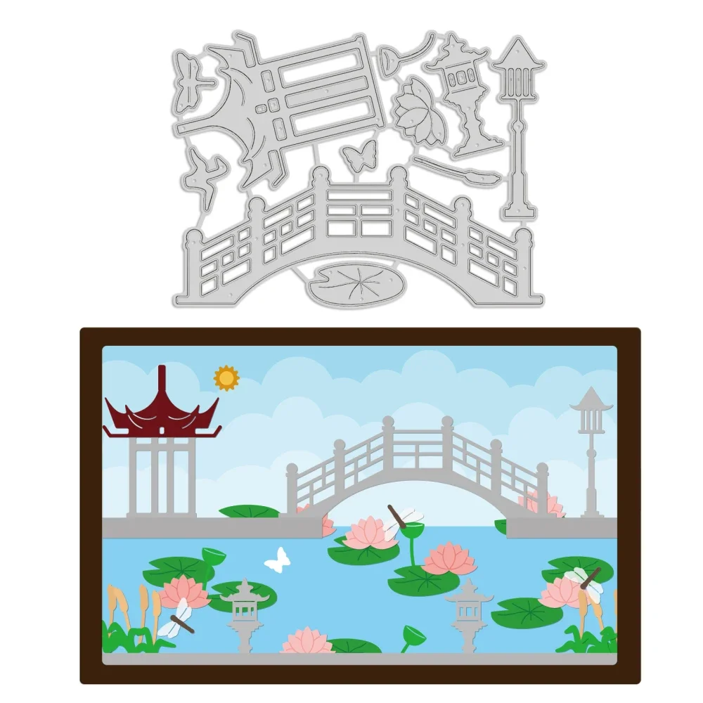 Chinese Architecture Cut Dies Oriental Style Template Lotus Flower and Pavilions Die Cuts for Card Making Scrapbooking DIY Craft