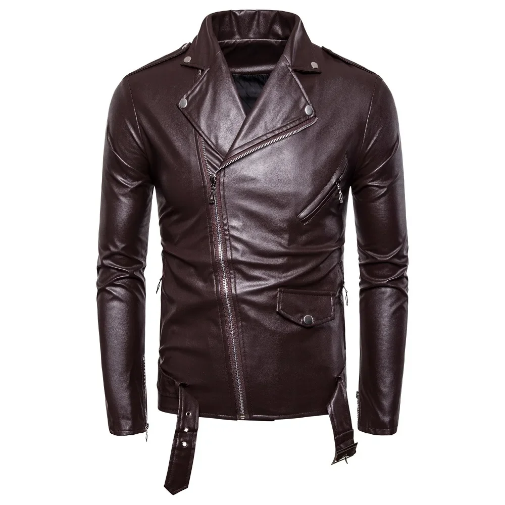 Men's synthetic leather jacket, lapel blazer, diagonal zipper, black and white, new 2024