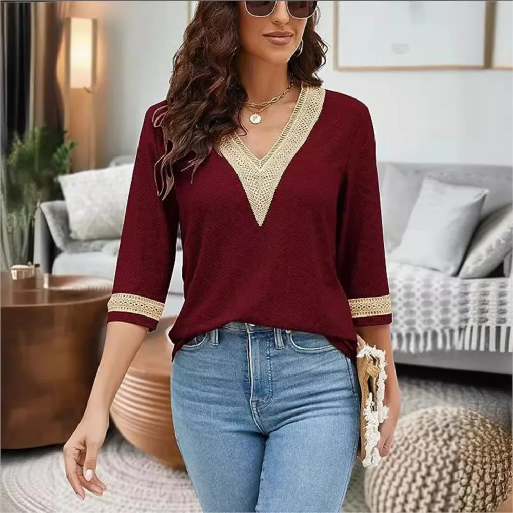 New Women\'s Lace Patchwork V-neck Casual Solid Color Shirt Female White 3/4 Sleeve Pullover Blouse Tops Femme Blusas Elegantes