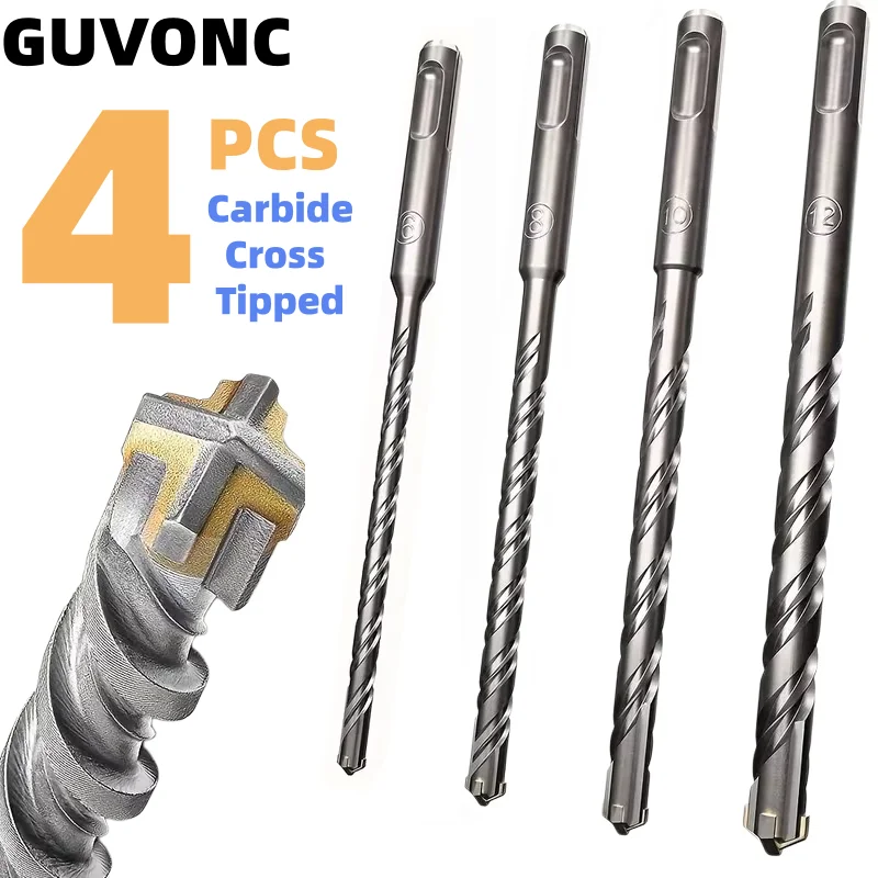 SDS Plus 4-Cutter Cross Tip Hammer Drill Bits 4 Sizes, Double Spiral Flute Masonry Drill for Concrete Wall