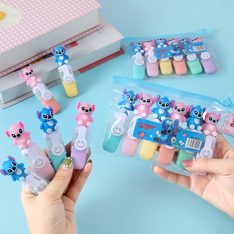 

New model Stitch Highlighter Set Lilo & Stitch Cartoon Markers 6-Color Cute Stationery Gift for Students & DIY Handbooks