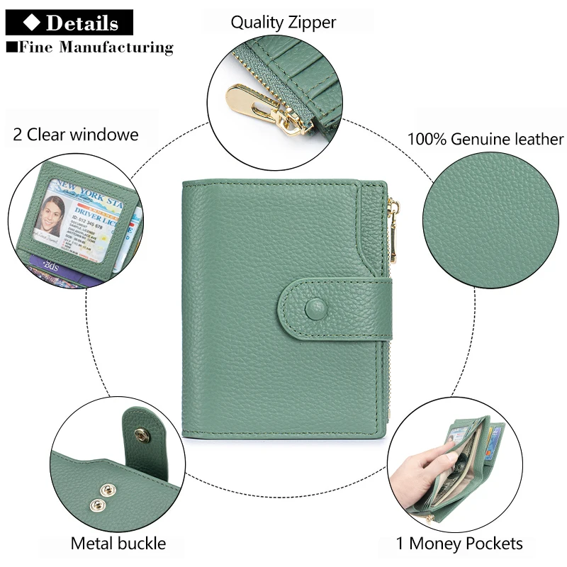 محفظة ثنائية الطي للنساء من الجلد الطبيعي مزودة بتقنية تحديد الهوية بموجات الراديو بسعة كبيرة عمودية مع جيب بسحاب ونافذة لبطاقة الهوية، باللون الأخضر