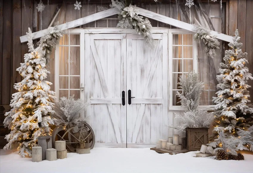 Mehofond Winter Red Barn Photography Backdrop Family Holiday Party Xmas Snow Pine Tree Giltter Wood Door Decor Photo Background image 3