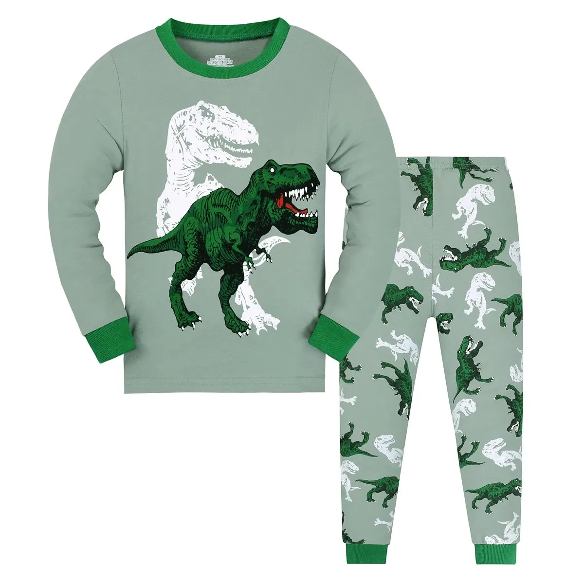 Kid\'s Pajamas, T-rex Dinosaur Pattern Long Sleeve Top & Pants Set, Comfy Casual Pj Set, Boy\'s Loungewear