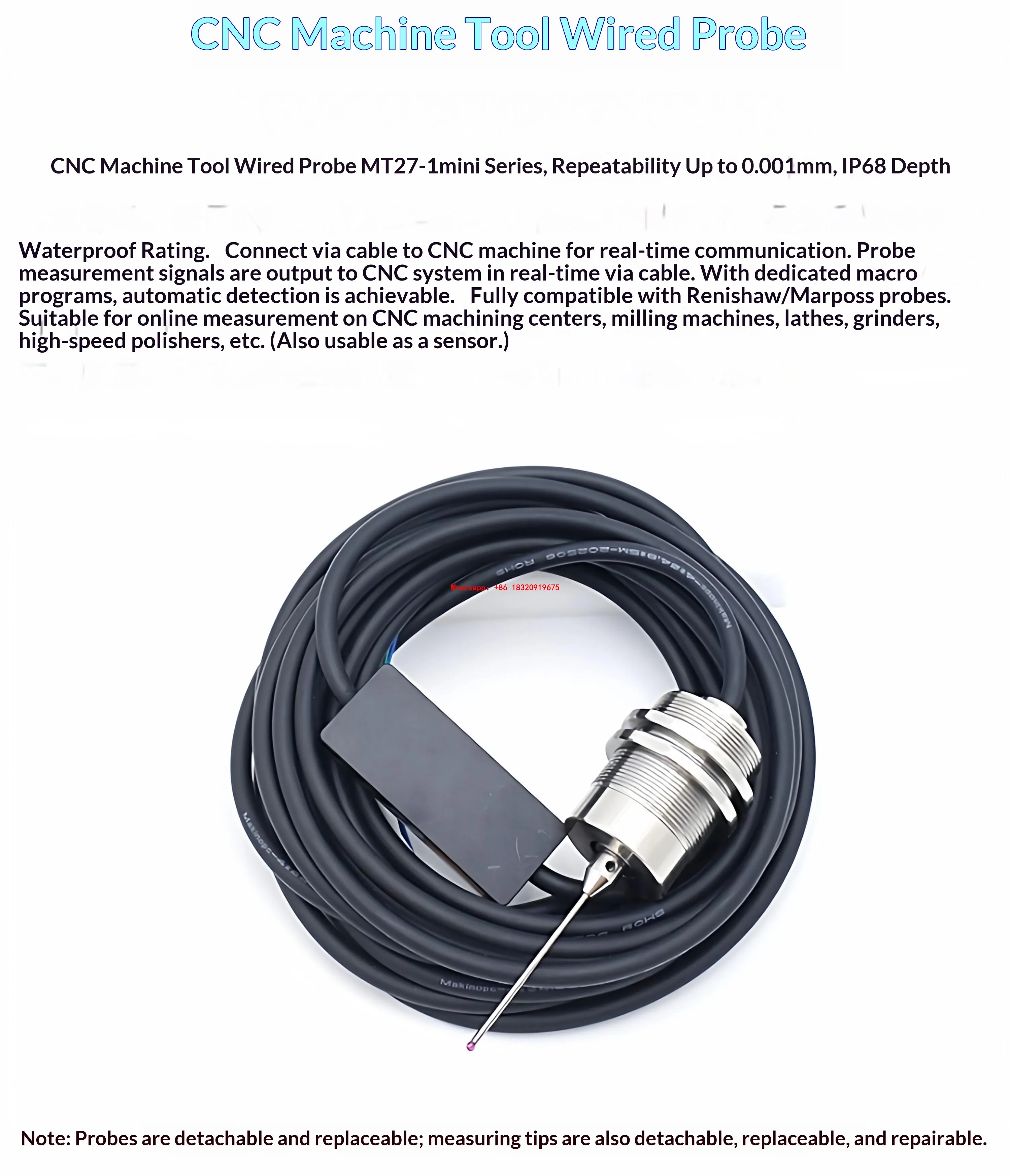 Cyclmotion MT27-1mini Wired CNC Machine Tool Probe (for Grinders/Waterjet Cutters) – Automatic Centering and Edge Finding Probe