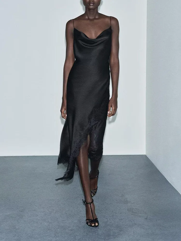 

Faionable Silk Satin Lace Dr Ele Sweetn New Arrival Winter 2025 Gown High Waist Midi Length Svel Evening Dr