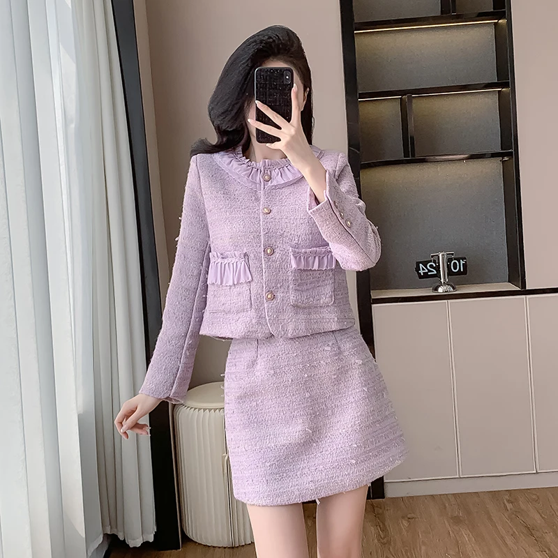 2024 Autumn and Winter Elegant Slimming Women's Suit Jacket Pleated Lace Collar French Gentle Style Coat Top Skirt Two-piece Set