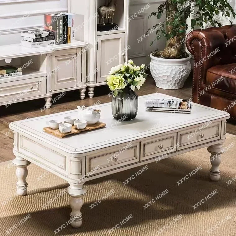 AACountry Solid Wood TV Cabinet Vintage Ivory White Audiovisual Cabinet Antique Distressed Style