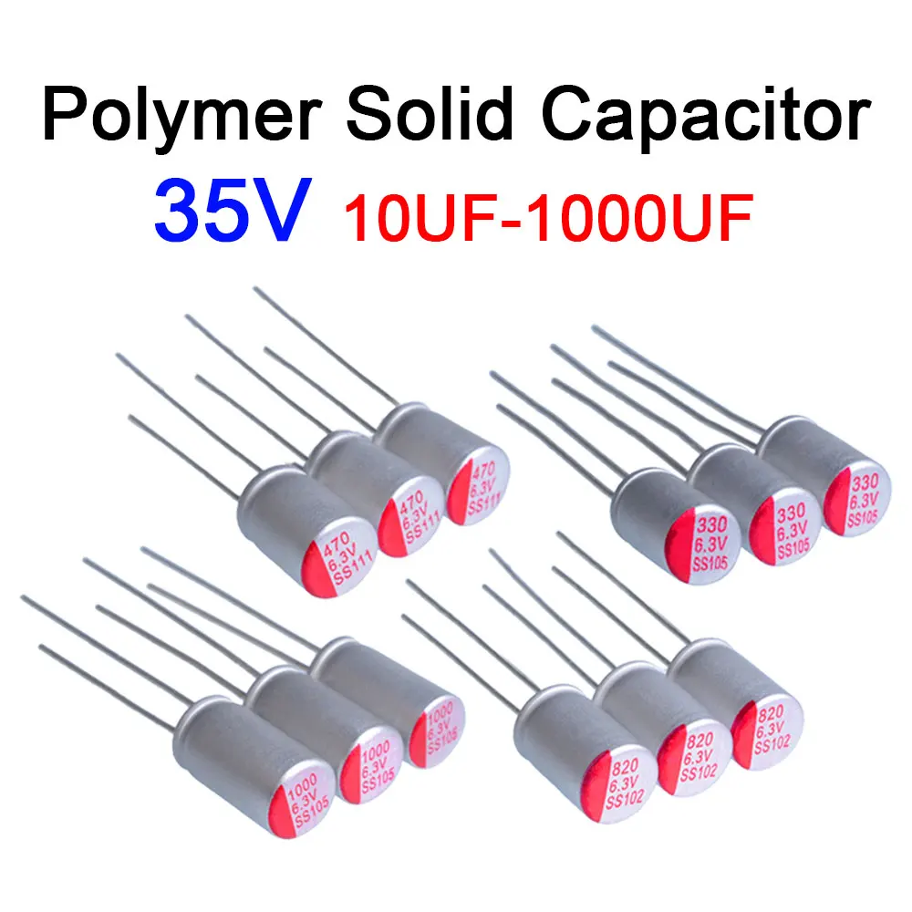 10 قطعة بوليمر الصلبة مكثف 35V 10 فائق التوهج 47 فائق التوهج 68 فائق التوهج 100 فائق التوهج 220 فائق التوهج 330 فائق التوهج 470 فائق التوهج 680 فائق التوهج 820 فائق التوهج 1000 فائق التوهج DIP الصلبة مُكثَّف كهربائيًا