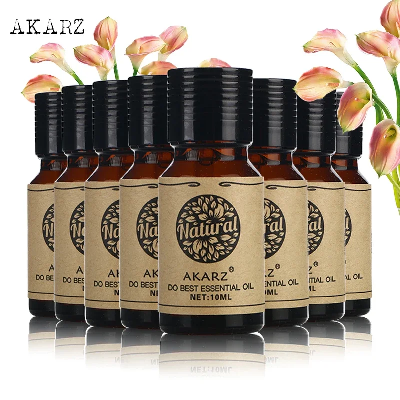 

AKARZ Aromatherapy Essential Oil Set - Cherry Blossom Rose Geranium Jasmine Lavender - 8x10ml Bottles for Spa & Skin Care