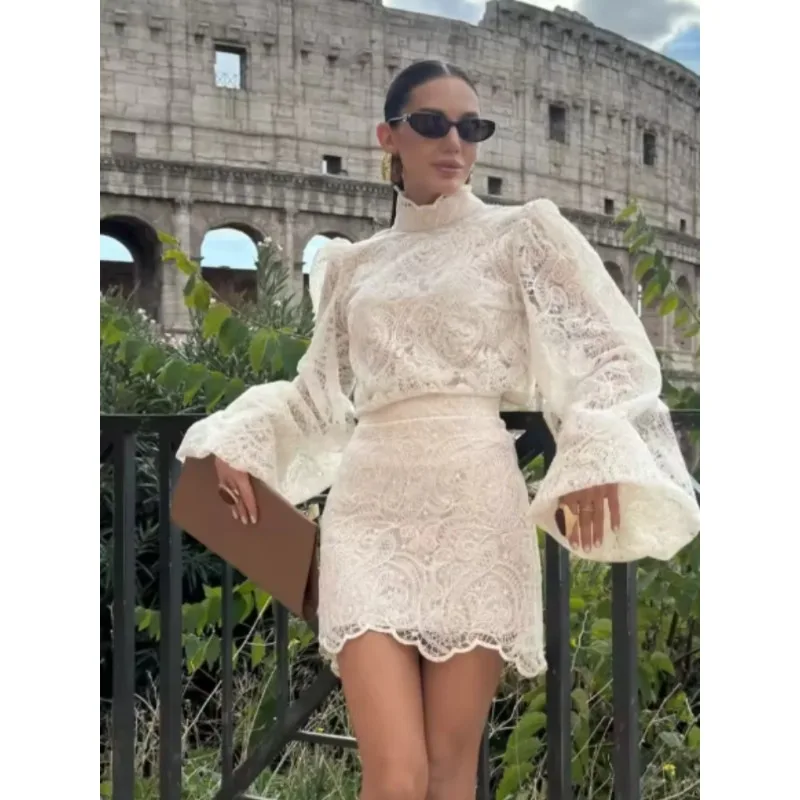 

Lady Trendy Hollow Out Lace Mini Dress Elegant New Long Sleeve Designs Chic High Neck Short Autumn