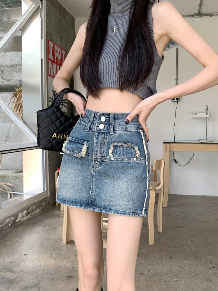 Frayed Skirts Women Denim Above Knee Hotsweet Washed Japanese Style Retro Harajuku Y2K Vintage Bleached Side Stripe All-match