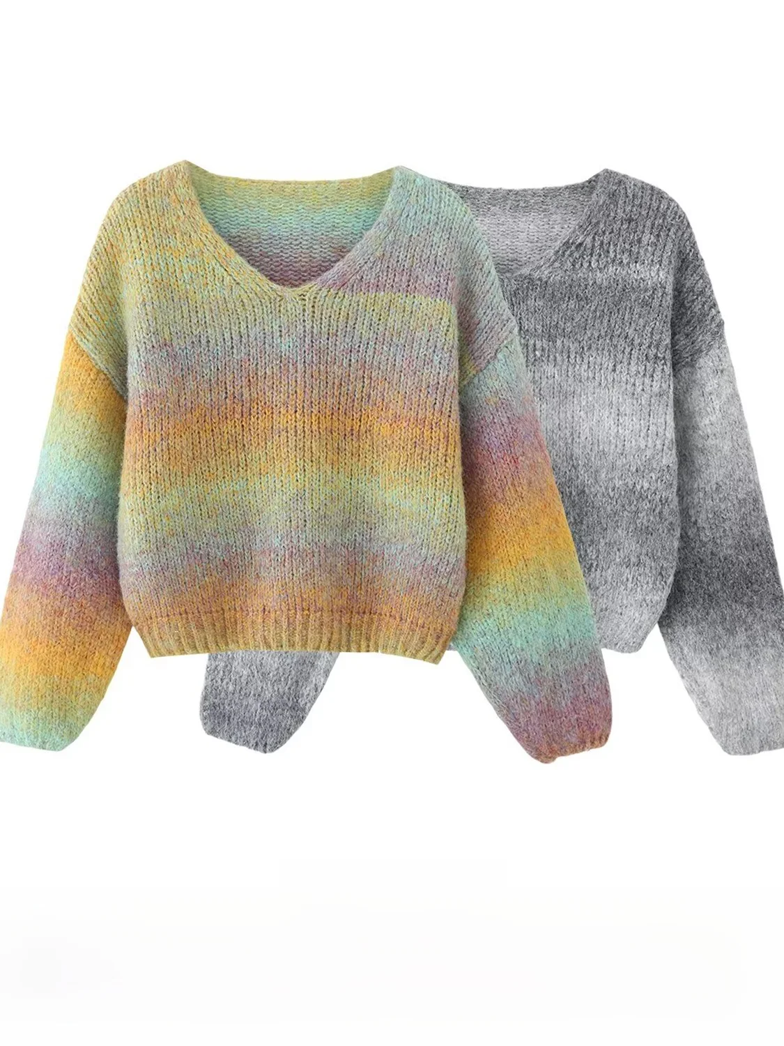 

Spring New Arrival Women's Faion adient Color V-ne Knitted Sweater Comfortable Loose Fit Long Sve Polyester Fiber