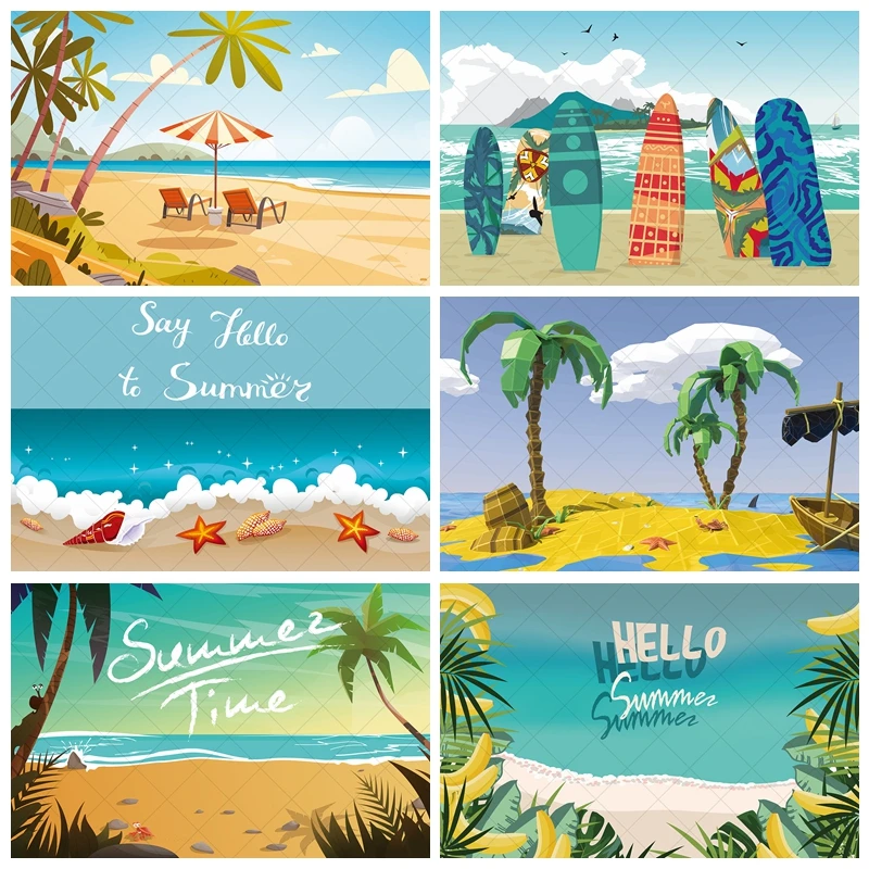 

Cartoon Hello Summer Seaside Backdrop Birthday Party Palm Tree Background Photography for Baby Shower Birthday Party Decor Prop