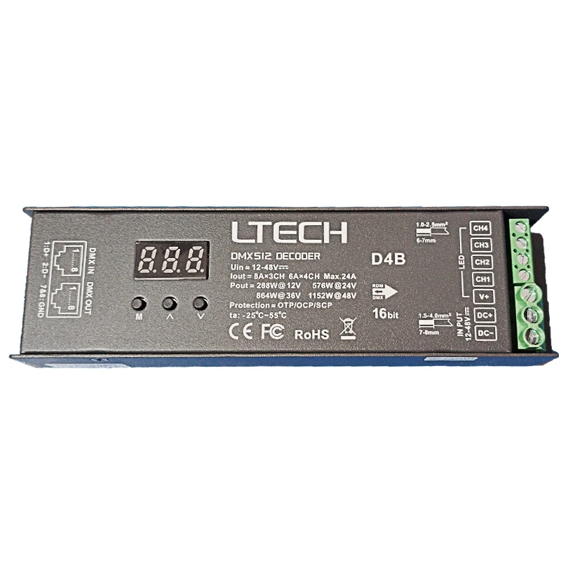 LTECH New Led DMX Decoder 5A*4CH 4A*4CH Output DIN Rail 12V-24V Input 4 Channel Output Controller Constant Voltage DMX512 Slave