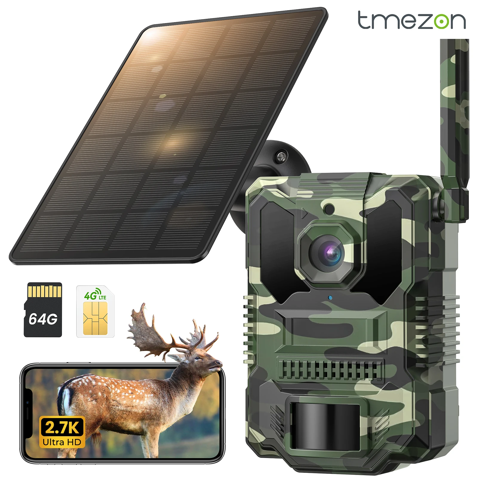4G LTE Wildcamera met app, 2.7K Solar Jachtcamera met SIM-kaart, fotovallen camera, PIR Bewegingsensor, Nachtzicht