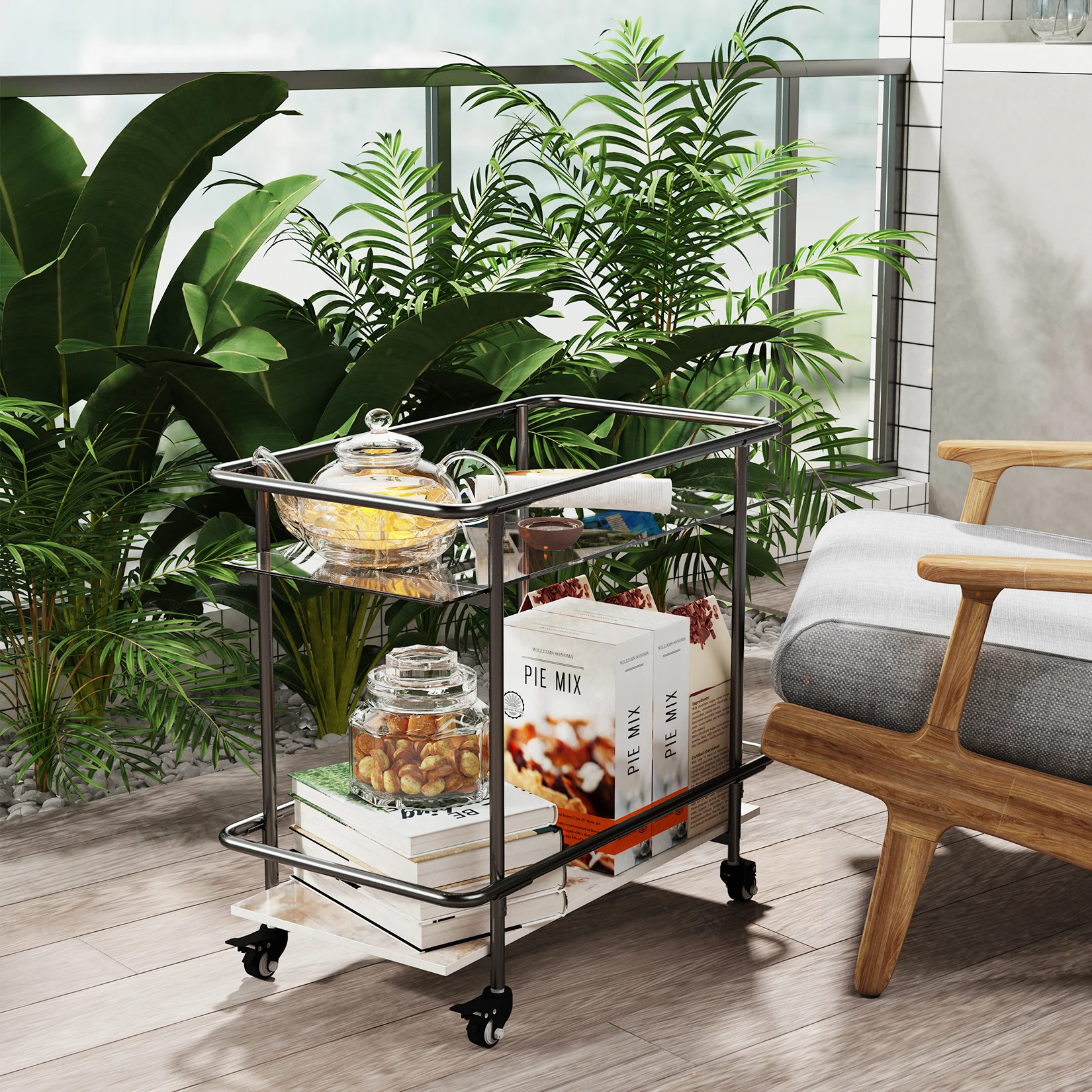 Rolling Bar Cart 2-Tier Mobile Home Coffee Metal Frame Tempered Glass Luxury Modern Serving Cart
