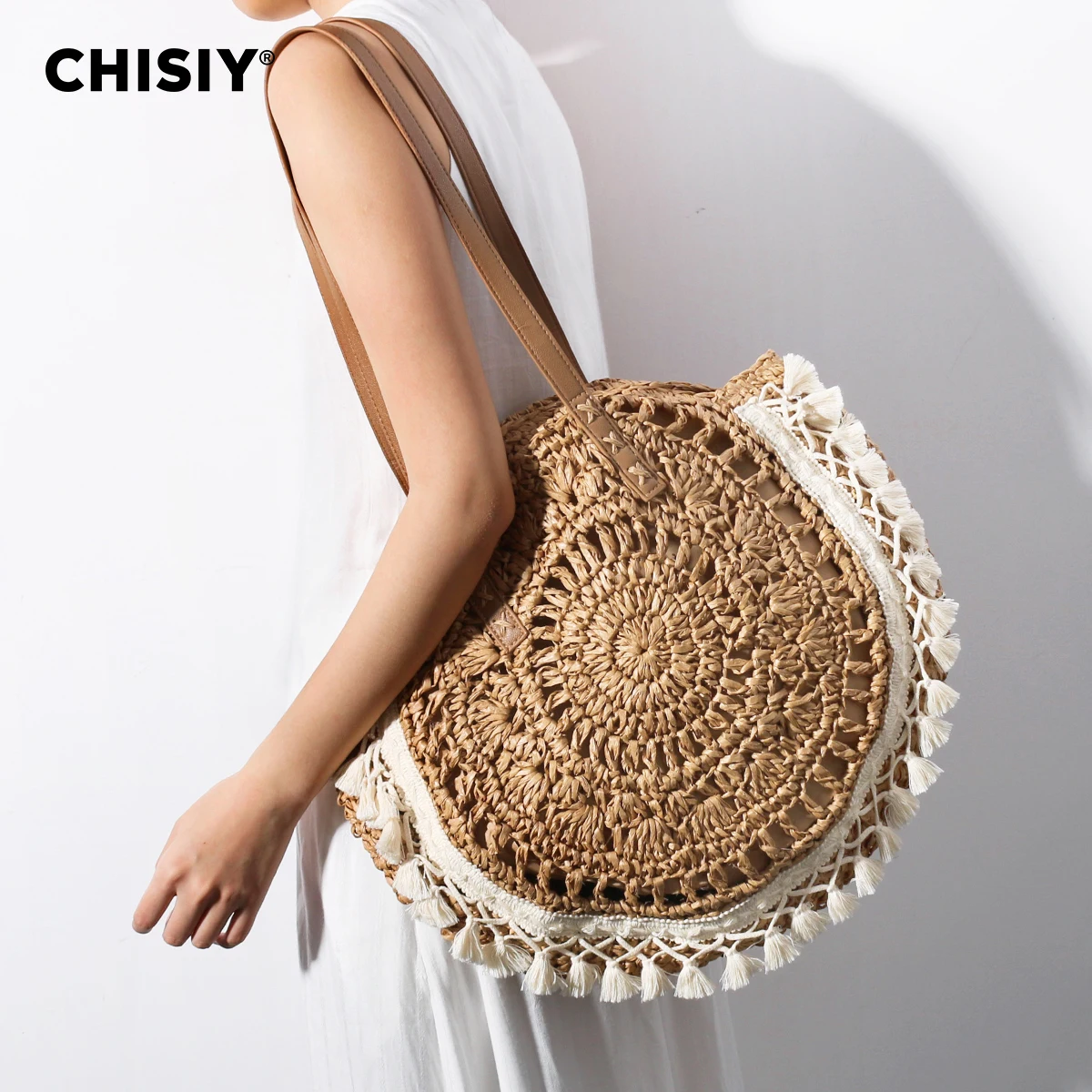 CHISIY Original Handmade Hollow Flower Round Handwoven Tassel Summer Grass Woven Bag Fashion Beach Shoulder Bag