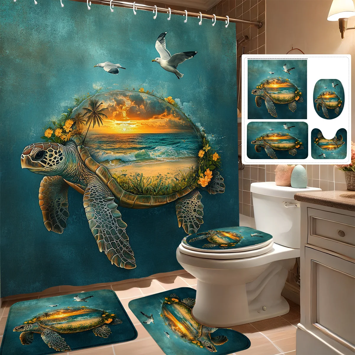 

4pcs Shower Curtain Set, Dreamy Turtle and Sunset, Modern Bathroom Decor, Includes 12 Hooks, Non-Slip Bath Mat, U-Shaped