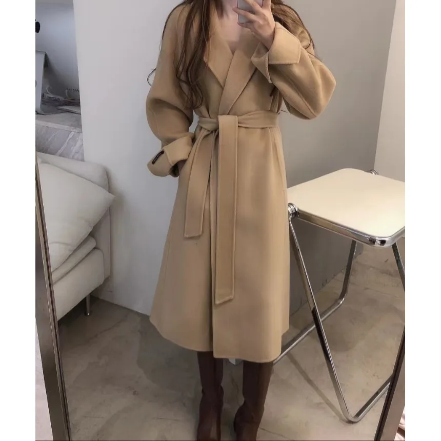 

Korean Sle Women's Woolen Coat Long Ele Slimming Belted Winter Vintage Hepburn Sle Long Coat Commute Sle Faion