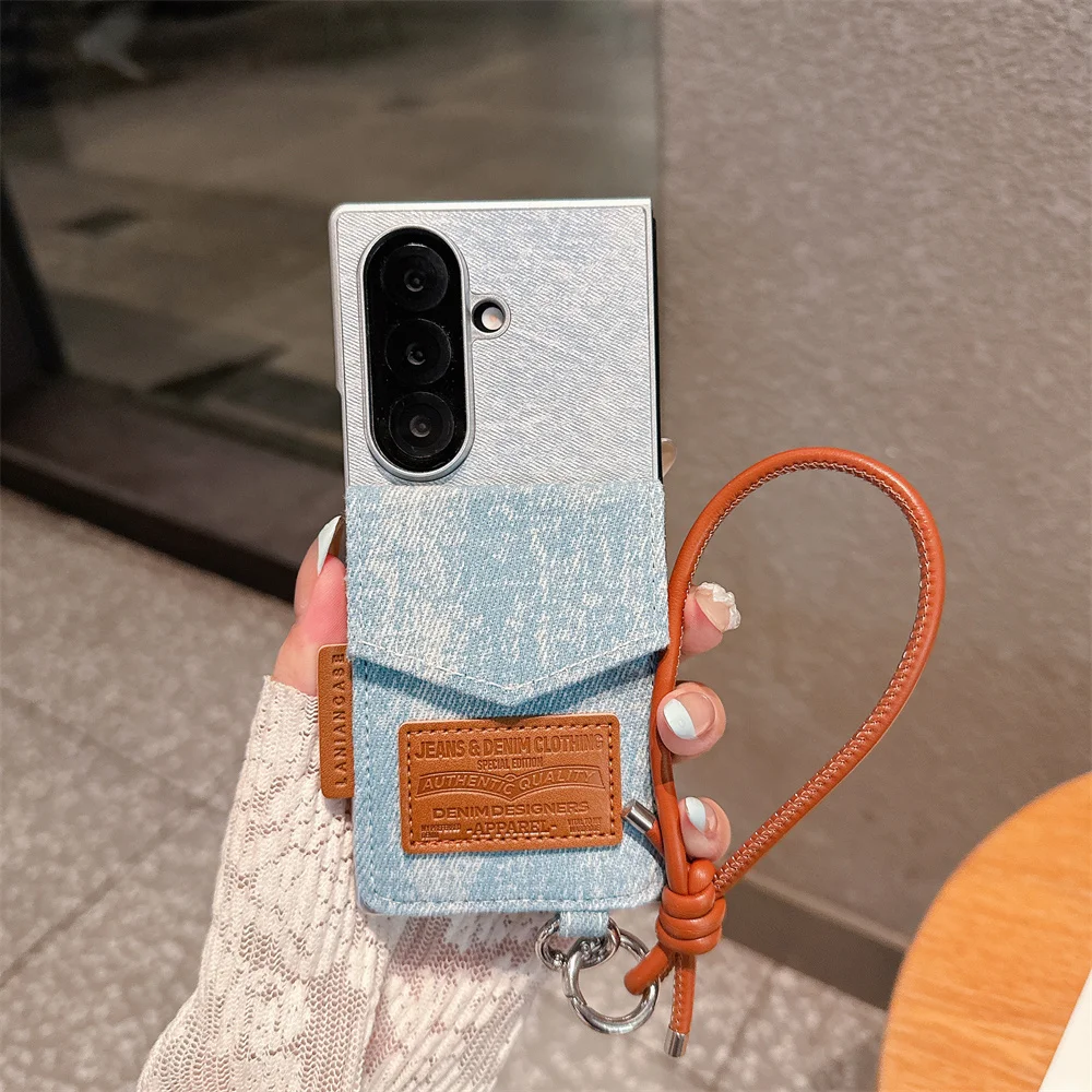 

Korean INS Style Fashion Denim With Card Holder Leather Strap phone case For Samsung Galaxy Z Fold 6 7 Fold 7 6 5 4 Fold 5 Cover
