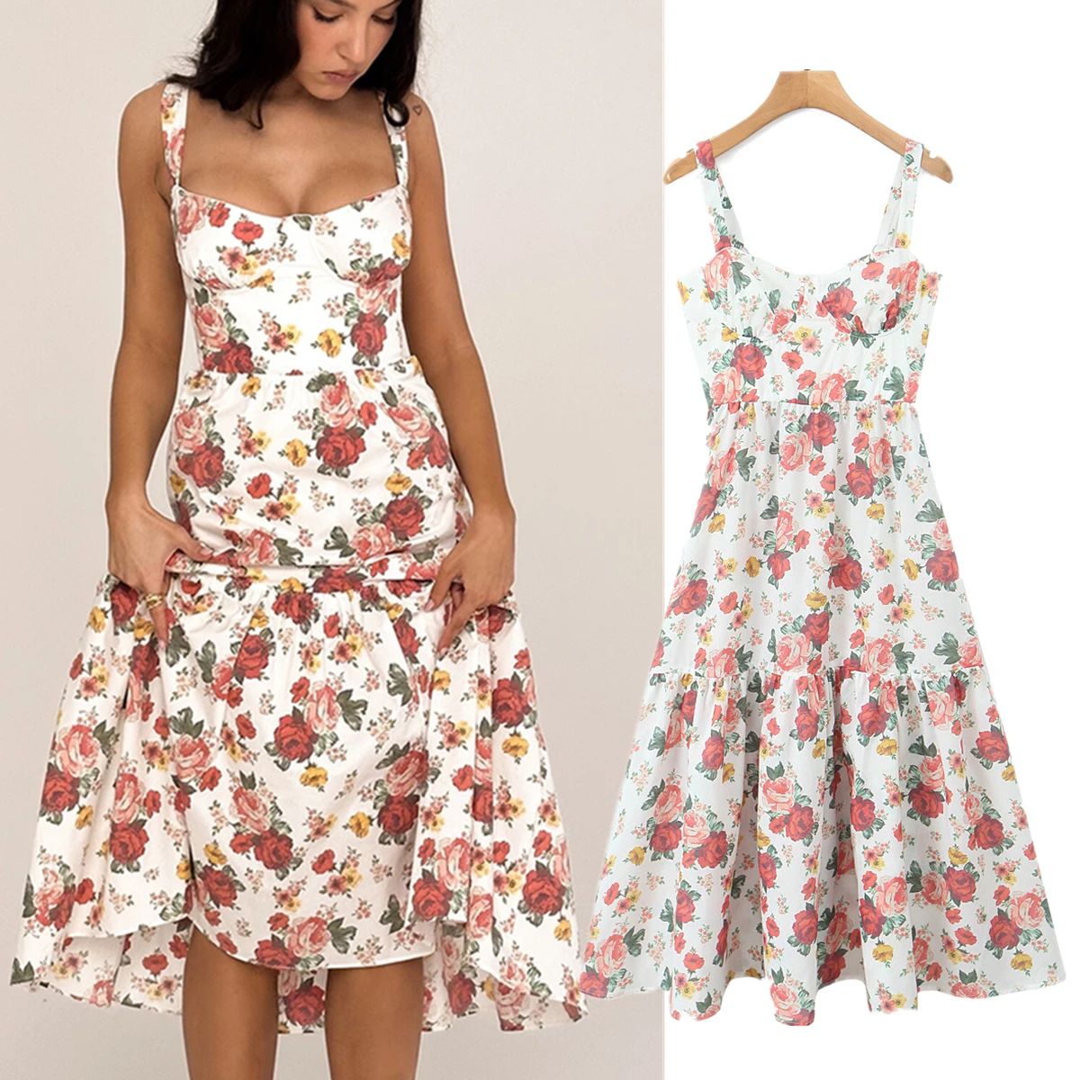 

Jenny&Dave French Retro Tank Dress Rose Print Sleeveless Dress Summer Vestidos Casual Elegant Midi Dress Women