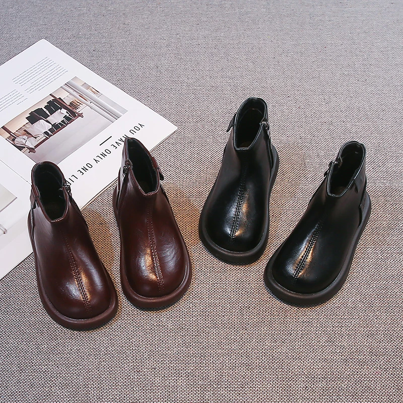 2026 Children Fashion Boots Autumn Winter Warm Snow Shoes Infant Kids Girls Boys Casual Shoes Top Quality Retro Leather Boots
