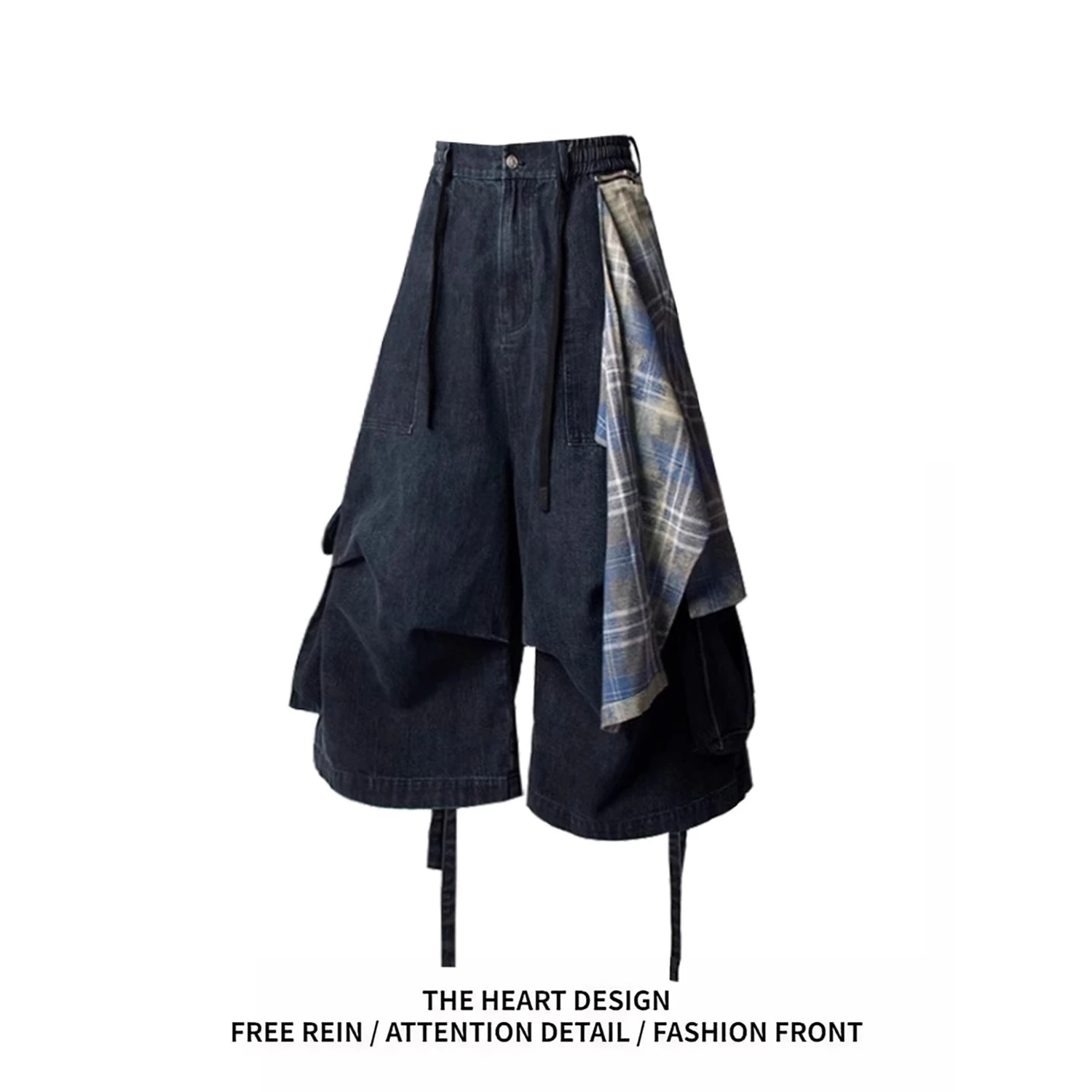 

Y2K Women's Denim Wide Leg Pants New Fashion Plaid Patchwork Irregular Loose Casual Streetwear Trousers