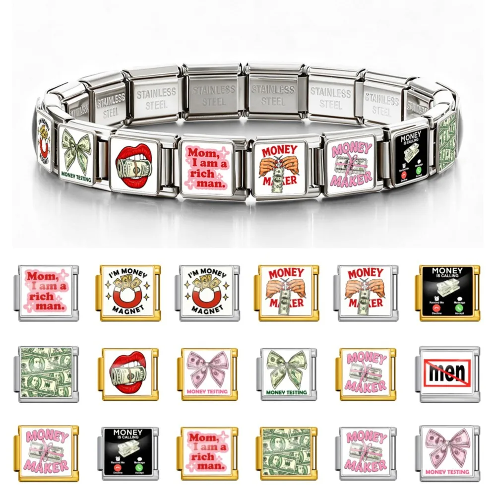 9mm Stainless Steel Italian Charm Money Dollar Bow Lip Slogan Links Bracelet Jewelry DIY Making Fashion Women Men Accessories