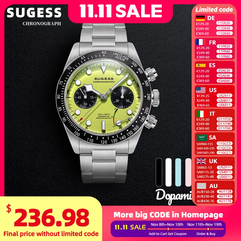 Sugess Pilot Watch Men Chronograph ST1907 Movement Air Force Mechanical Sapphire Crystal Wristwatches Waterproof Colorful S457