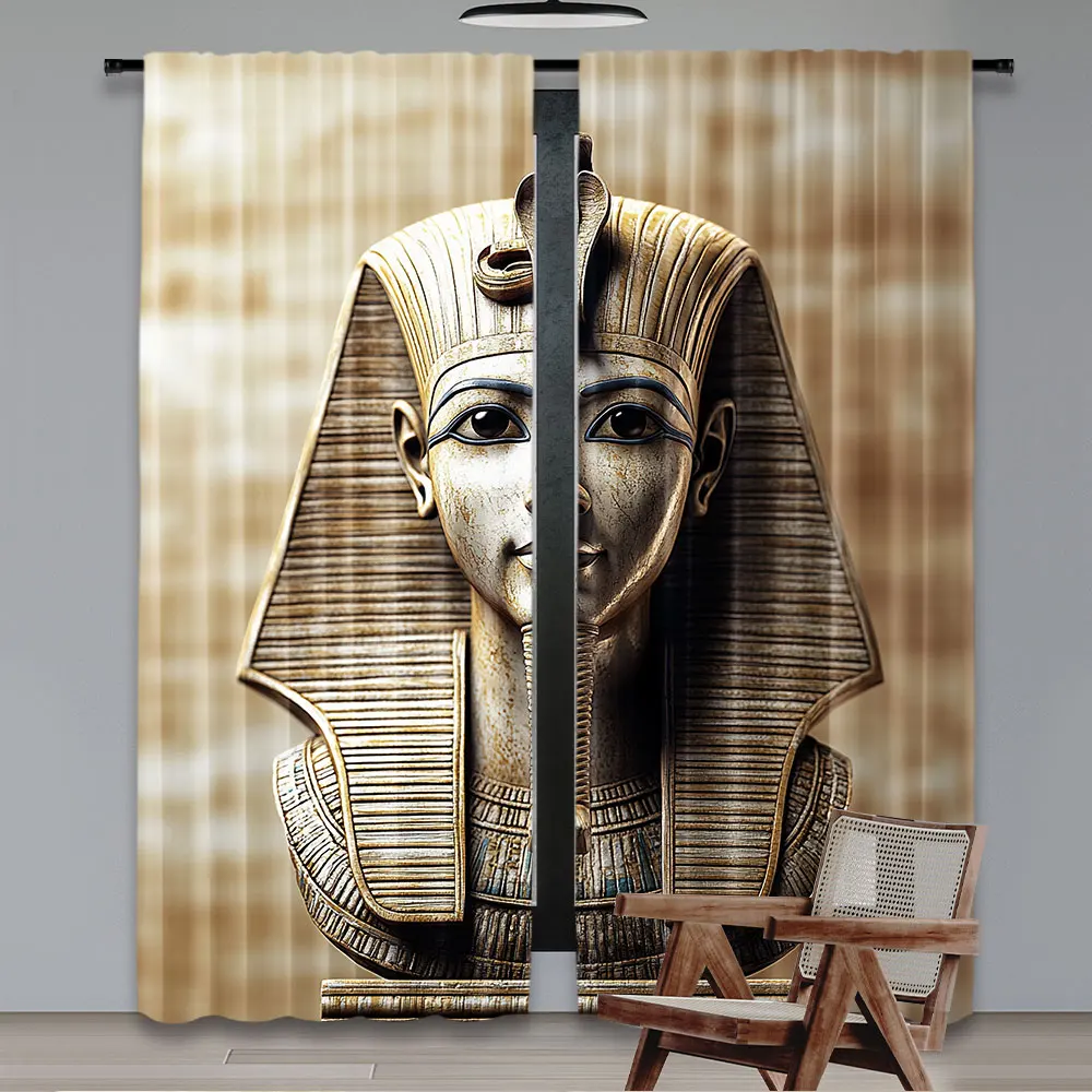 2Pcs Egyptian Curtains Stone Pharaoh Tutankhamen With Papyrus Curtains Design For Bedroom Living Room And Dining Room B