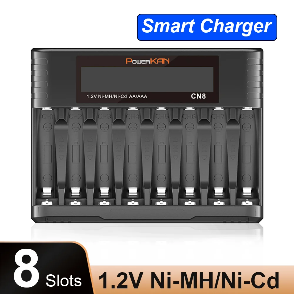 POWERKAN 8-Bay Independent AA/AAA Ni-MH Battery Charger, LCD Display, USB-C Charging (Batteries Not Included)