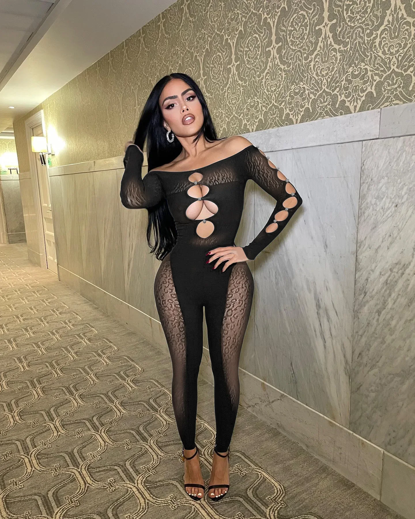 

Leopard Print Night Club Outfits Jumpsuit Women Sexy Mesh Sheer Long Jumpsuits Autumn One Shoulder Hollow Out Female Bodysuit