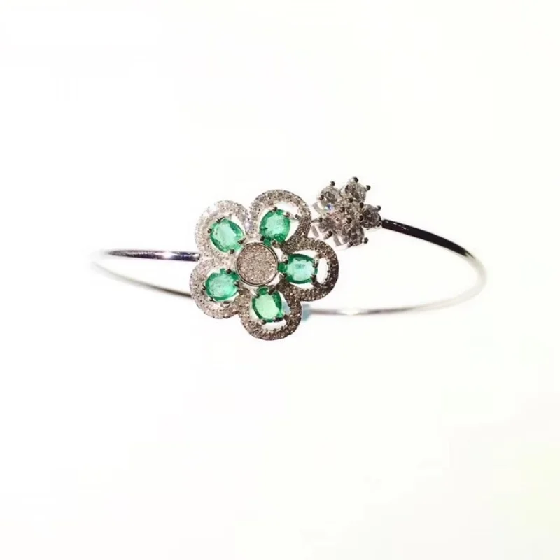 

Natural Emerald Gemstone 925 Sterling Silver Inlaid Ladies Bracelet Support Detection Popular Petal Boutique Jewelry