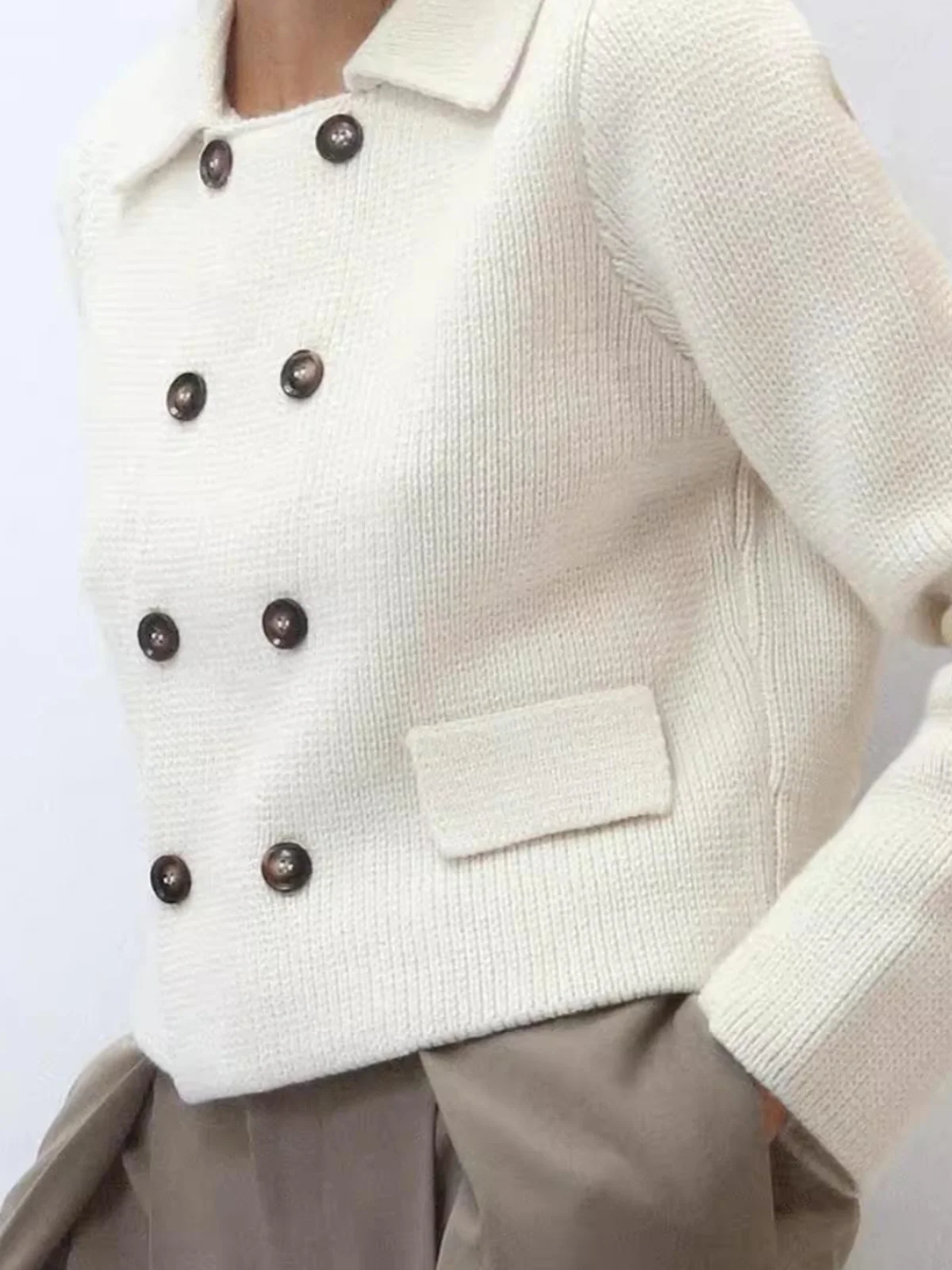

Ladies' Knitted Long Sve Cardigan Coat Lazy Sle Flat Needle Flip Collar Double Button Autumn Winter New Arrival Korean L...
