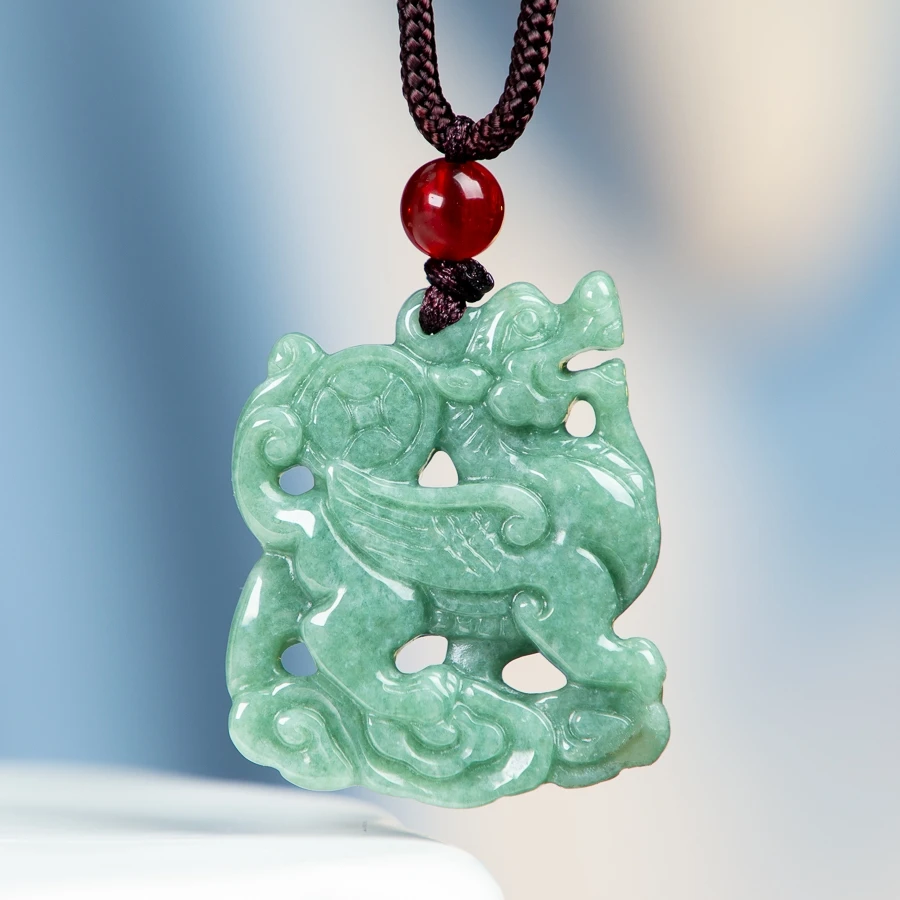 

TIMESWIND Natural A-type Jade Bean Green Money Qilin Ice Sense Jade Pendant Men Necklace with Certificate