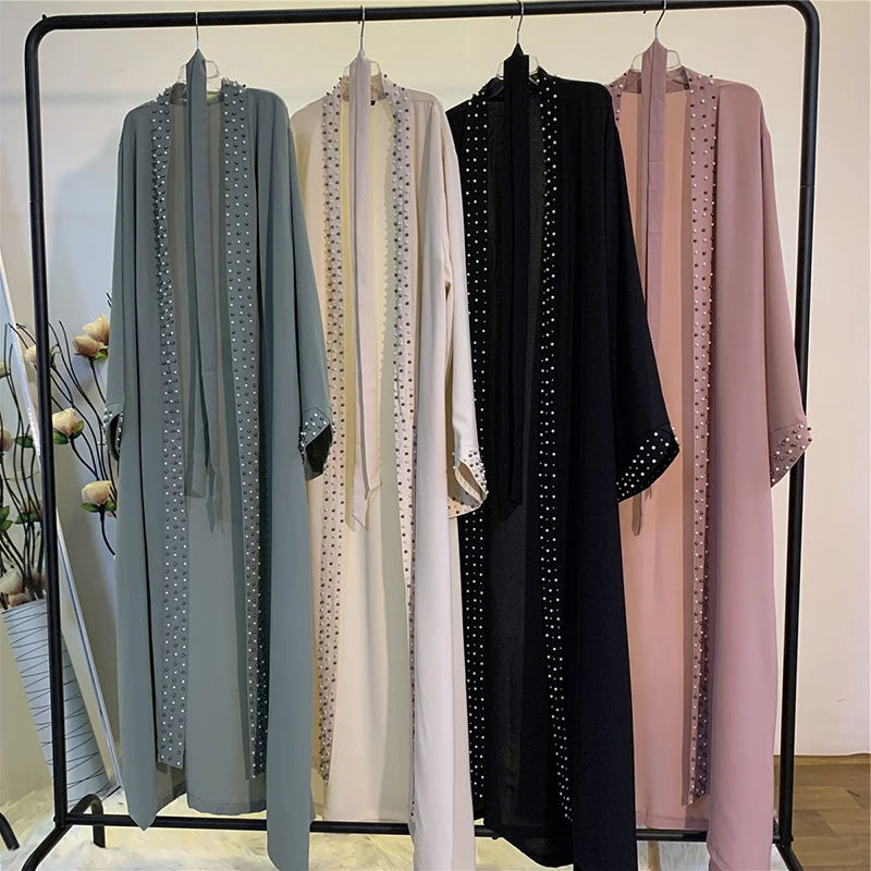 Arabic Leisure Fashion Elegant Clean Color Nailed Beads Ice Silk Wrinkle Cardigan Long Robe Coat Muslim Windproof Long Sleeve