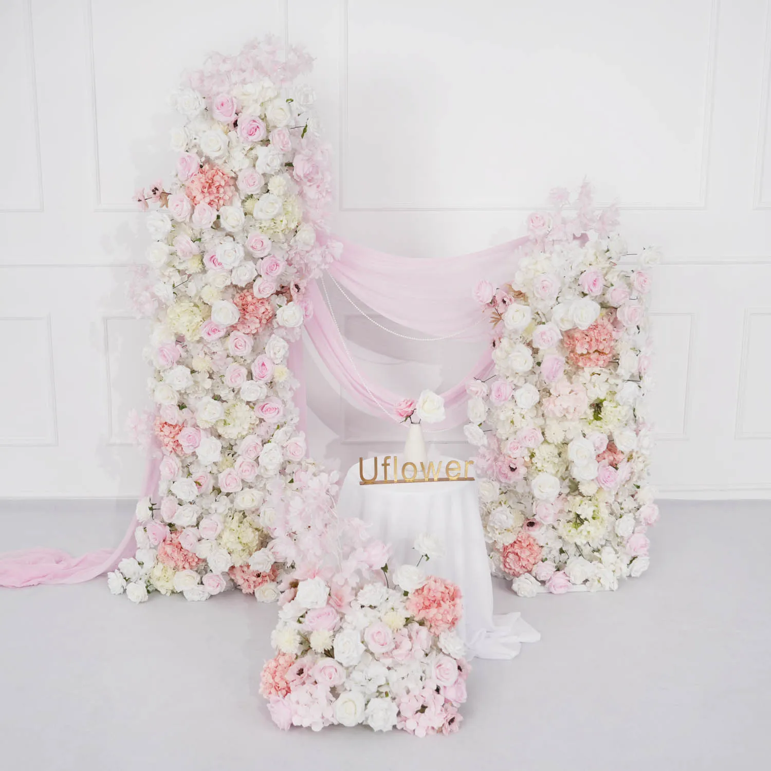 Uflower Luxury Champagne Pink Rose Flower Wedding Backdrop Arch Decor 5D Floral Arrangement Rose Flower Row Flower Wall Display