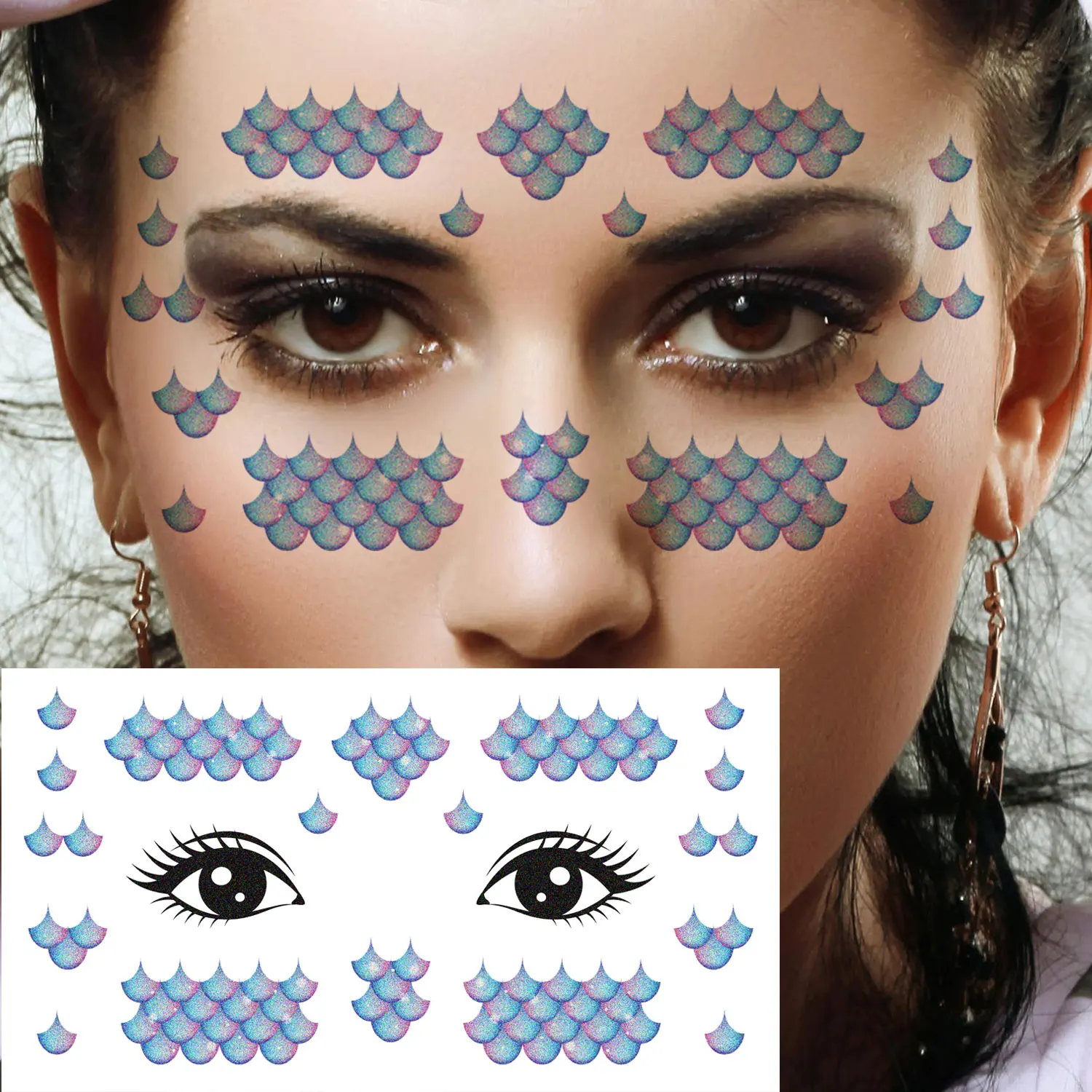8 أوراق حورية البحر الموازين الوجه بريق ملصقات الوشم المؤقت سباركلي الملونة العين الجبين الفن ماكياج تصميم الموازين وهمية