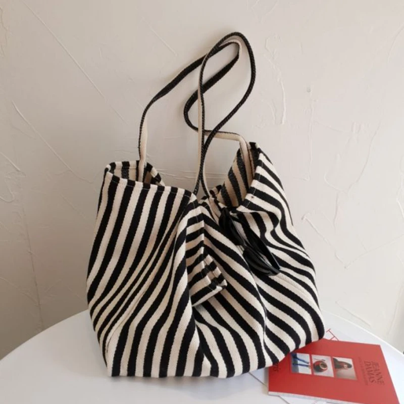 Women's Fashion Underarm Shoulder Bag Striped Canvas Retro Casual Commuting Tote Bag Portable Large Capacity Shopping Bucket Bag