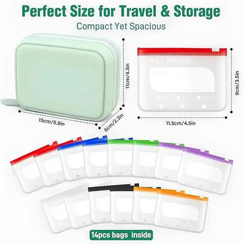 1 Set A8 Waterproof Pill Pouch Kit with 14 Color-Coded Pouches Writable Labels for Hiking Portable Medicine Organizer