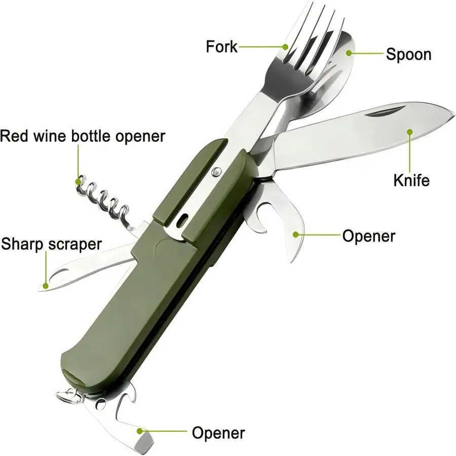 Set peralatan makan berkemah dapat dilepas, peralatan makan berpergian Stainless Steel 7-in-1 portabel, peralatan makan lipat multifungsi