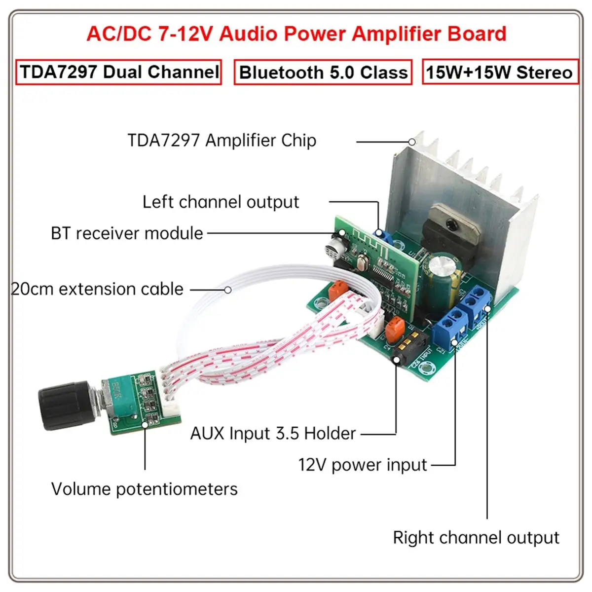 

Reliable-TDA7297 Bluetooth 5.0 Dual Channel Audio Power Amplifier Board, AC DC 7-12V, 15W+15W Module,TDA7297 Bluetooth 5.0 Dual