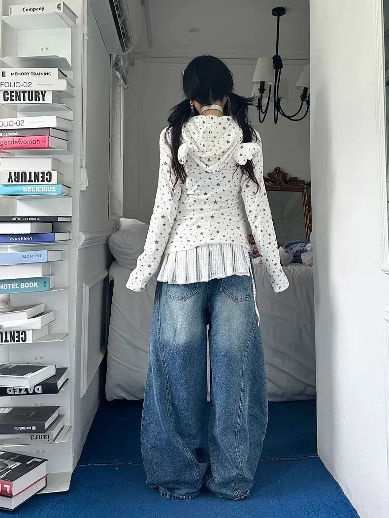 アメリカンスタイルの女性 Tシャツ秋のスターフルプリント翼フード付き長袖 Tシャツ甘いスパイシーなスリムフィットベーストップ