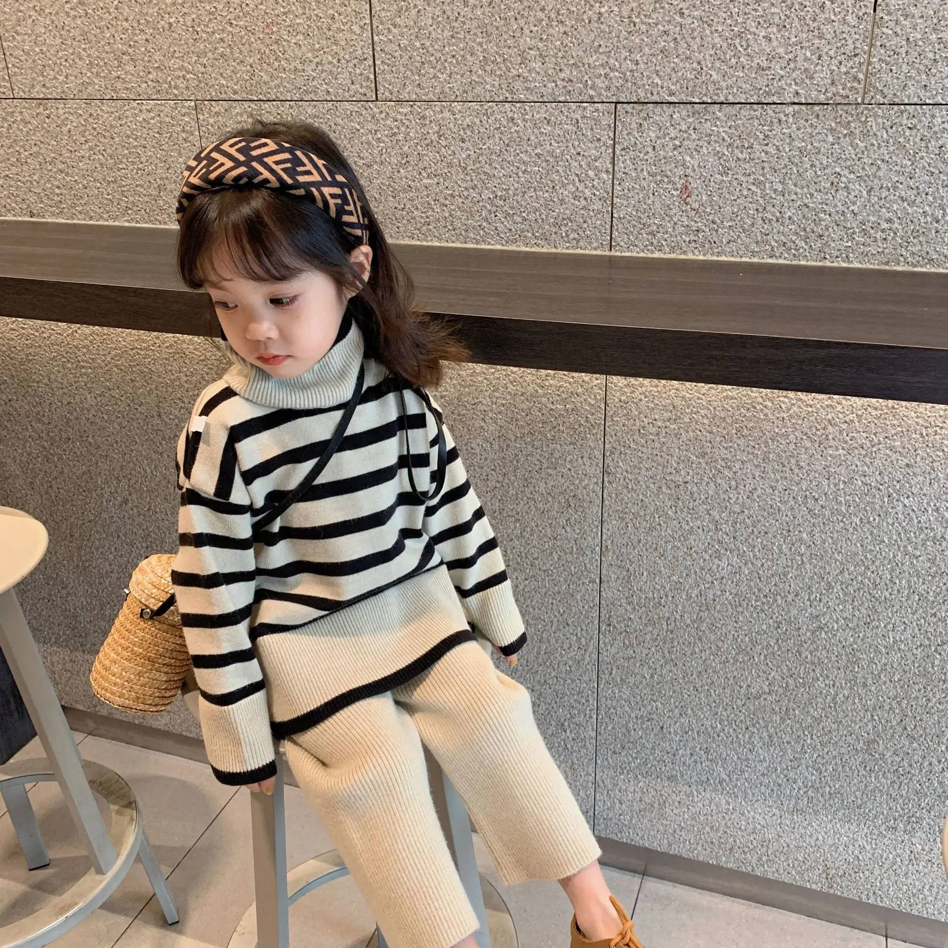 2022 Kids Sets Sweater O-neck Collar Full Sleeve Pullover Striped Wide Leg Pants Ankle Length Solid Soft Autumn Children Girls