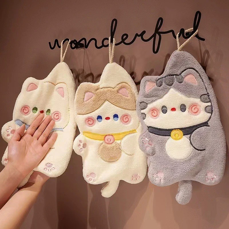 

Cartoon Cat Hand Towel Kawaii Hand Wipe Cleaning Cloth For Kitchen Bathroom Hanging Towel Super Absorbent Handkerchief Clean Rag