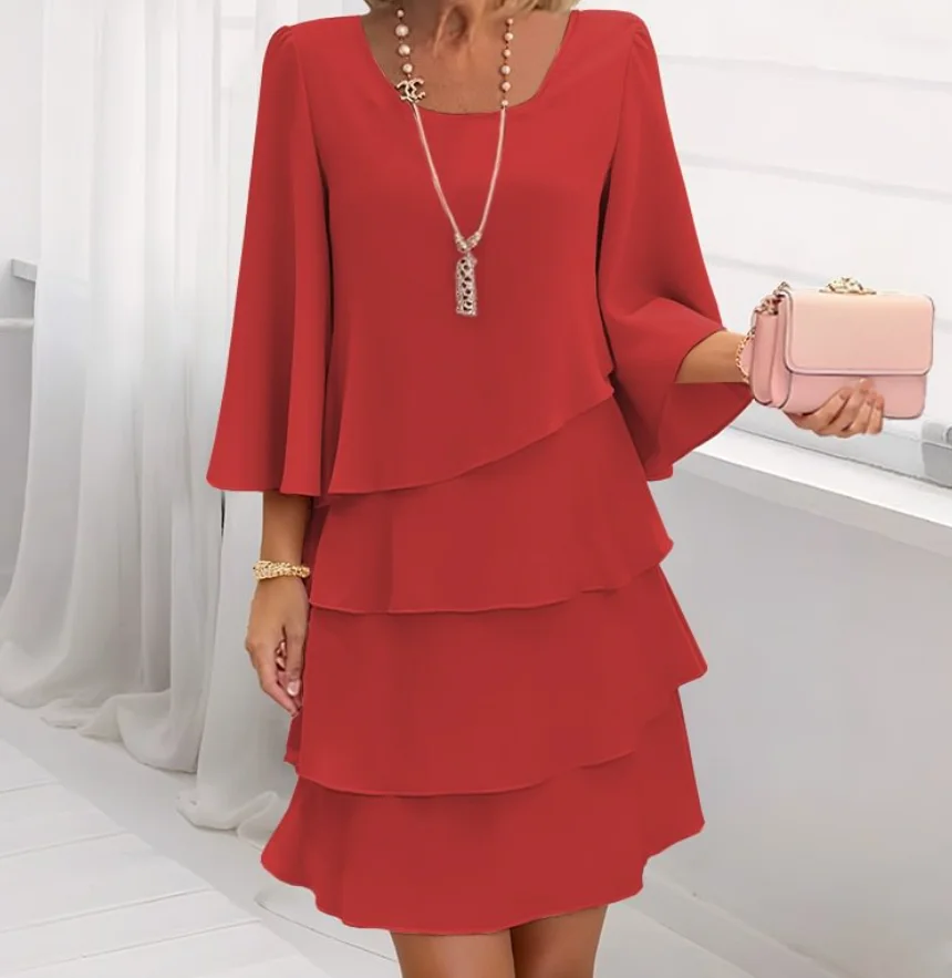 Vestidos femininos 2025 primavera nova cor sólida em torno do pescoço manga longa casual solto ajuste diário mini camadas bolo vestido