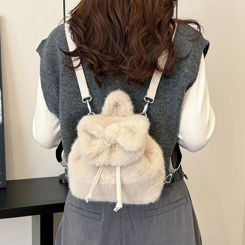 New Drawstring Faux Fur Backpack Lightweight Versatile Student Schoolbag Travel Backpack Plush Bag Plush Women Mini Backpack