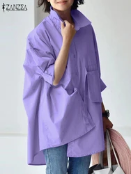 ZANZEA Women Chic Shirts Loose Casual Turn-down Collar 3/4 Sleeve Oversize Chemise Femme 2025 Spring Summer Solid Color Tops